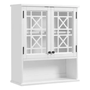 27"W x 29"H Wooden Wall Mounted Bath Storage Cabinet with Glass Cabinet Doors and Shelf in White Color