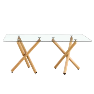 Large Modern Minimalist Rectangular Glass Dining Table for 6-8 with 0.39" Tempered Glass Tabletop and Wood Color Metal Legs, for Kitchen Dining Living Meeting Room Banquet hall, 71"Wx39" D x 30"H1538