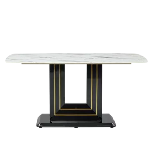 Dining table. White imitation marble pattern desktop. Black MDF table legs with gold lines and black base. Suitable for kitchen living roomF-SQ