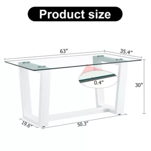 Glass Dining Table Large Modern Minimalist Rectangular for 6-8 with 0.4" Tempered Glass Tabletop and white MDF Trapezoid Bracket,For Kitchen Dining Living Meeting Room Banquet Hall F-1550