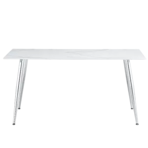 Modern minimalist rectangular dining table with 0.4 inch white imitation marble tabletop and silver metal legs, suitable for kitchens, restaurants, and living rooms 63"*35.4"*30"DT-1544