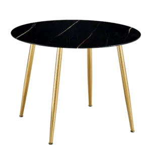 A modern minimalist circular dining table with a diameter of 40 inches, a 0.3 inch thick black imitation marble tabletop and gold-plated metal legs, 40 '' * 40 '' * 30'' DT-1164