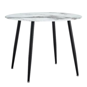 A modern minimalist circular dining table with a diameter of 40 inches, a 0.3 inch thick white imitation marble pattern tabletop and black metal legs 40 '* 40' * 30 'DT-1164