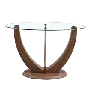A modern minimalist circular tempered glass dining table with a diameter of 48 inches. Glass desktop+MDF wood texture table legs and base. 48 * 48 '' * 30 ''
