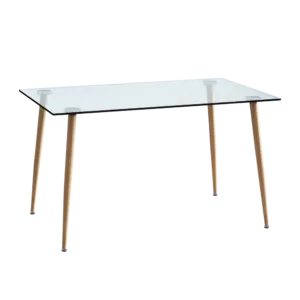 Modern Rectangular Glass Dining Table with Tempered Glass Tabletop and Wood colored metal legs