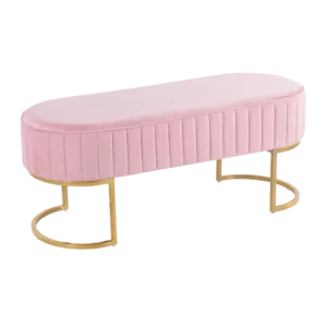 Modern Pink Velvet Pleated Bench in Gold Steel Frame Ideal From Living Room Bedroom.