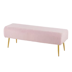 Modern Pink Velvet Pleated Bench in Gold Steel Frame Ideal From Living Room Bedroom.