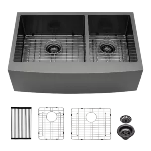 Gunmetal Black Double Bowl (60/40) Farmhouse Sink- 36"x21"x10"Stainless Steel Apron Front Kitchen Sink 16 Gauge with Two 10" Deep Basin