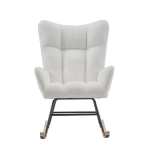 Metal Frame Teddy Fabric White Rocking Chair of Wooden  Legs Ideal for Living Room & Bedroom