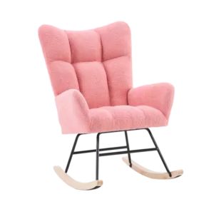 Metal Frame Teddy Fabric Pink Rocking Chair of Wooden Legs Ideal for Living Room & Bedroom