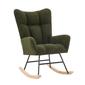 Metal Frame Teddy Fabric Green Rocking Chair of Wooden Legs Ideal for Living Room & Bedroom