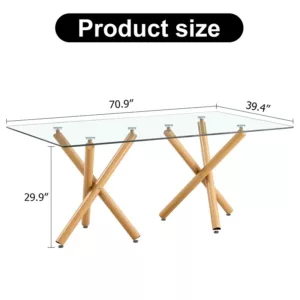 Large Modern Minimalist Rectangular Glass Dining Table with Tempered Glass Tabletop and Wood Color Metal Legs for Kitchen, Dining, Living, Meeting Room and Banquet hall