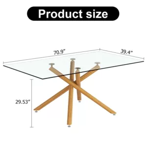Large Modern Minimalist Rectangular Glass Dining Table for 6-8 with 0.39" Tempered Glass Tabletop and Wood color Metal Legs, for Kitchen Dining Living Meeting Room Banquet hall, 71" W x 39" D x 30