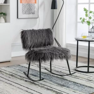 Gray Faux Fur Rocking Chair of  Metal Frame And Legs Ideal for Living Room & Bedroom