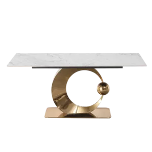 71-Inch Stone DiningTable with Carrara White color and Round special shape stainless steel Gold Pedestal Base