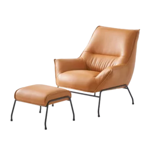 Modern Brown Leather Accent Chair & Ottoman of metal Frame & Legs Ideal For Living Room Bedroom.