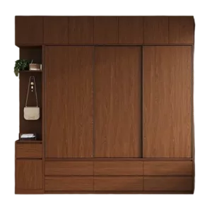 TRWALWGG00117 Premium Walnut Wardrobe Cabinet – 18mm Thick, Tempered Glass Doors, Sliding Door, Customizable Colors