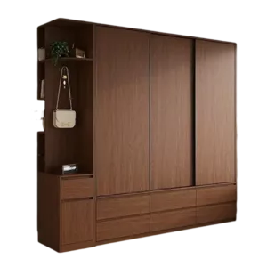 TRWALWD0017 Premium Walnut Wardrobe Cabinet – 18mm Thick, Tempered Glass Doors, Sliding Door, Customizable Colors