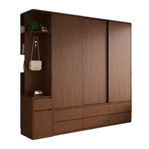 TRWALWD0019 Premium Walnut Wardrobe Cabinet – 18mm Thick, Tempered Glass Doors, Sliding Door, Customizable Colors