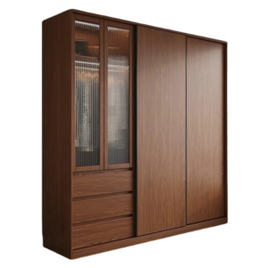 TRWALWGG0013 Premium Walnut Wardrobe Cabinet – 18mm Thick, Tempered Glass Doors, Customizable Colors