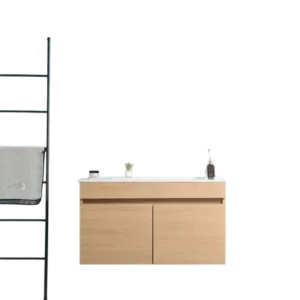 Light Oak Wall Mounted 36"W  Bathroom Vanity with 28"H x 36"W LED Vanity Mirror and White Ceramic Sink
