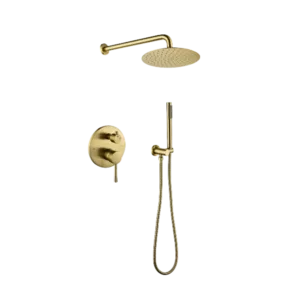 Wall Mounted T Shower with High Pressure 10" Stainless Steel Rain Shower head and Handheld Shower in Brushed Gold