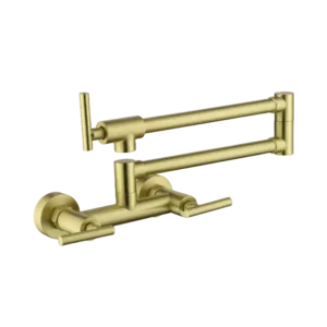 Triple Handle Kitchen Faucet 2-hole Wall Mount in Brushed Gold