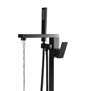 Single Handle Floor Mounted Freestanding Tub Filler with Hand-Shower and Black Finish