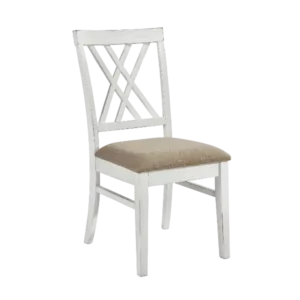Modern White and Oak Set of 2 Solid Wood Chairs with Fabric Upholstered Seats For Dining Room