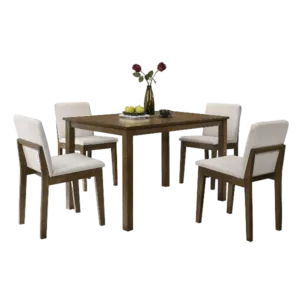 Modern Dark Walnut 5pc Dining Set Rectangular Table With 4 Beige Fabric Chairs For Dining Room