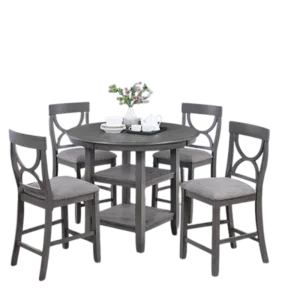 Modern Gray 5pc Dining Set Round Table With Storage Shelve And 4 Chairs Padded Seat For Dining Room