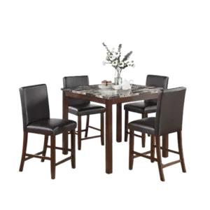 Modern Espresso Finish 5pc Dining Set Square Table of Faux Marble Top With 4 Cushions Chairs Faux Leather For Dining Room