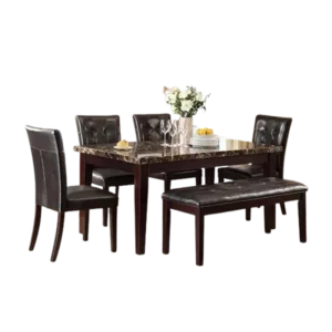 Modern Espresso Finish 6pc Dining Set Rectangular Table of Faux Marble Top With 4 Button-Tufted Chairs And Bench For Dining Room