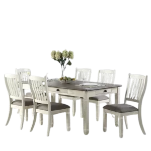 Modern Antique White 7pc Dining Set Rectangular Table with 6 Drawers and 6 Upholstered Chairs For Dining Room