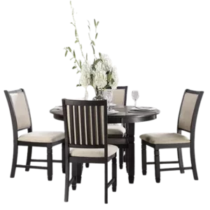 Modern Black Finish 5pc Dining Set Round Table With Built-in Shelf and  4 Fabric Upholstered Chairs For Dining Room