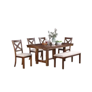 Modern Natural Brown Finish 6pc Dining Set Rectangular Table With 4 Chairs And 1 Bench of Solid Wood For Dining Room