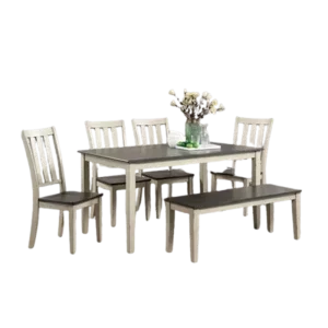 Modern White/Gray 6pc Dining Set Rectangular Table With 4 Chairs And Bench of Solid Wood For Breakfast Kitchen