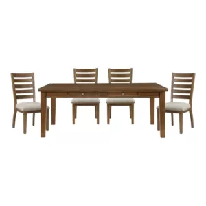 Modern Rustic Oak Finish 5pc Dining Set Rectangular Drawers Table and 4 Ladder Back Chairs For Dining Room