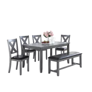 Modern Gray 6pc Dining Set Rectangular Table With 4 Side Chairs and A Bench of Rubberwood For Dining Room