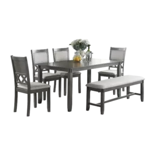 Modern Gray 6pc Dining Set Rectangular Table With 4 Upholstered Chairs and A Bench of Solid Wood For Dining Room