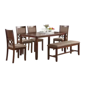 Modern Espresso 6pc Dining Set Rectangular Table 4 Fabric Cushion Seat Chairs and A Bench of Rubberwood For Dining Room