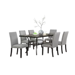 Modern Natural 7 Piece Dining Set Room Rectangular Wooden Table 6  Gray Fabric Chairs With Nailhead Trim And Storage Shelve For Dining Room