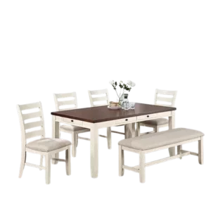 Modern White 6pc Dining Set Rectangular Table with Drawers 4 Side Chairs 1 Bench of Rubberwood For Dining Room