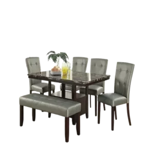 Modern Silver 6pc Dining Set Rectangular Table of Faux Marble Top With 4 High Back Chairs And 1 Bench of Faux Leather For Dining Room