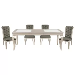 Modern Silver 5pc Dining Set Rectangular Table with Extension Leaf and 4 Side Chairs Crystal Button-Tufted For Dining Room