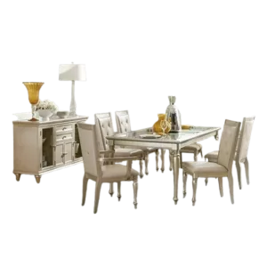 Modern Silver 7pc Dining Set Rectangular Table With 2 Armchairs and 4 Side Chairs Crystal Button-Tufted Cushion Seat For Dining Room