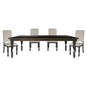 Modern Brown 5 Piece Dining Set Rectangular Wooden Table With 4 Beige Upholstered Chairs of  Nail head Trim For Dining Room