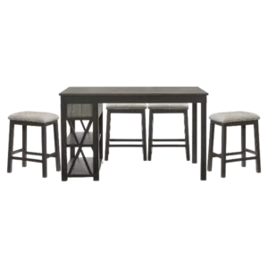 Modern Gray 5 Piece Dining Set Rectangular Wooden Table with 4 Stools Upholstered Cushion Seats Drawers And Shelves For Dining Room