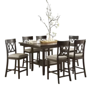 Modern Dark Brown 7 Piece Dining Set Rectangular Table of Lower Display Shelf With 6 Upholstery Chair For Dining Room