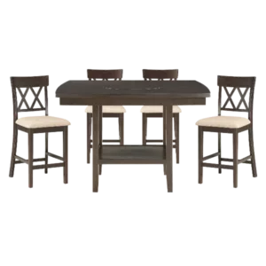 Modern Dark Brown 5 Piece Dining Set Rectangular Dining Table of Lower Display Shelf and 4 Chair of Faux leather For Dining Room